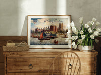 Lambeth Palace on the Thames print in an oak frame on a farmhouse dresser beside white tulips