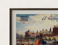 Close-up of the Lambeth Palace on the Thames print's dark wood frame corner and archival matte paper