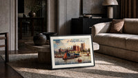 Lambeth Palace on the Thames print in a slim black frame leaning on a travertine coffee table