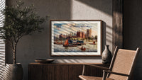 Lambeth Palace on the Thames print in a wood frame above a fluted sideboard beside an olive tree