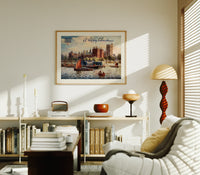 Lambeth Palace on the Thames print in an oak frame above a mid-century book console with a vintage radio