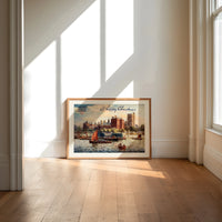 Lambeth Palace on the Thames print in an oak frame on a sunlit wood floor beneath tall window light
