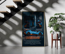 Lamborghini Huracan STO framed print on a staircase entryway wall beside a plant