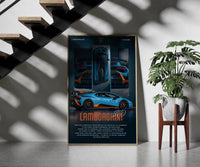 Lamborghini Huracan STO framed print on a staircase entryway wall beside a plant
