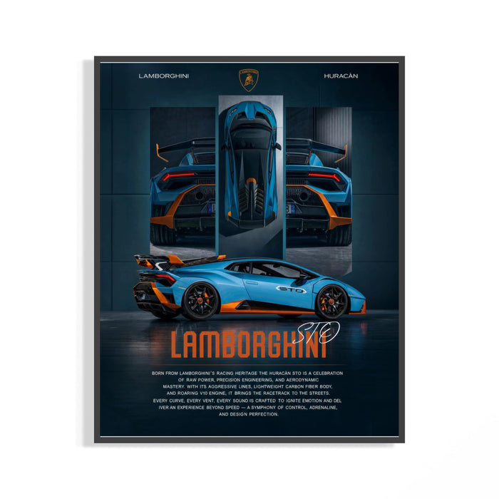 Framed Lamborghini Huracan STO print shown as a statement piece on a gallery wall