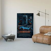Lamborghini Huracan STO poster framed above a tan leather living-room couch