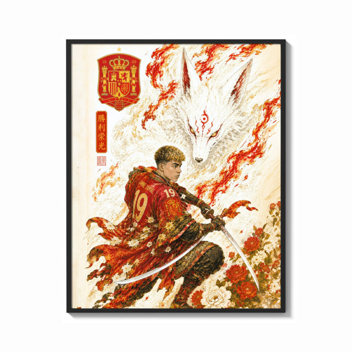 Framed Soccer player samurai with katana print shown as a bold statement piece on a clean gallery wall