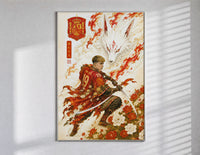 Soccer player samurai with katana poster in a slim frame on a bright wall with soft window light