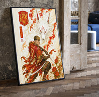 Soccer player samurai with katana print in a black frame leaning beside a vintage door on parquet