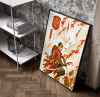 Soccer player samurai with katana poster in a black frame leaning beside a shelf in a raw-plaster loft