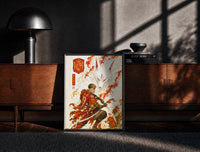 Black-framed Soccer player samurai with katana print on a moody console with designer coffee-table books