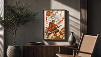 Soccer player samurai with katana poster framed above a fluted sideboard beside an olive tree