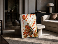 Soccer player samurai with katana print in a black frame leaning on a travertine table in a sunlit lounge