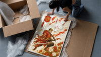 Soccer player samurai with katana framed print being unpacked from protective bubble wrap and a box