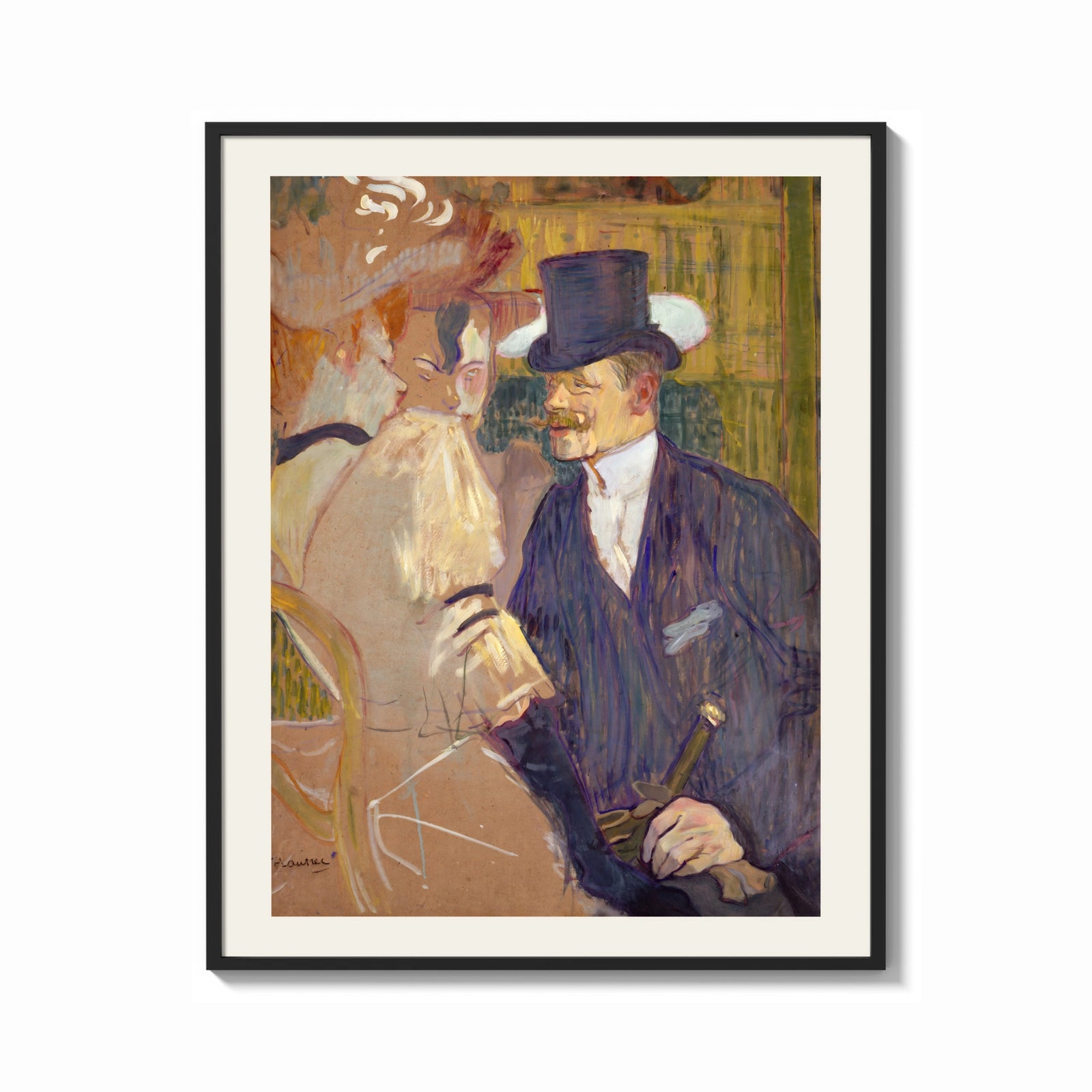 Framed Man in top hat with women print shown as a bold statement piece on a clean gallery wall