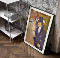Man in top hat with women poster in a black frame leaning beside a shelf in a raw-plaster loft