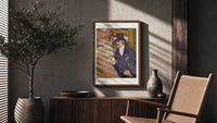 Man in top hat with women poster framed above a fluted sideboard beside an olive tree