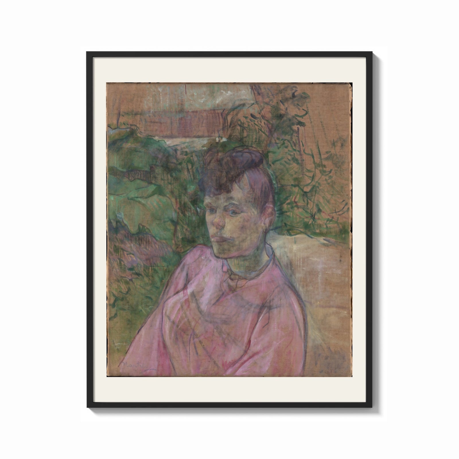 Framed Woman in pink dress portrait print shown as a bold statement piece on a clean gallery wall