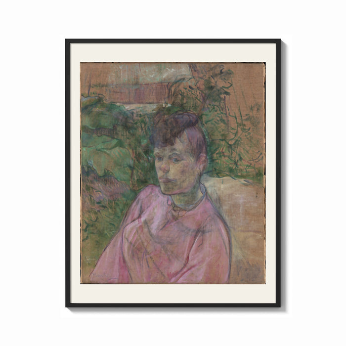 Framed Woman in pink dress portrait print shown as a bold statement piece on a clean gallery wall