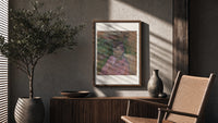 Woman in pink dress portrait poster framed above a fluted sideboard beside an olive tree