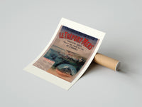 Rolled coastal seaside town harbour view poster beside its crush-resistant kraft shipping tube