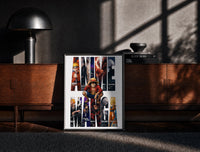 Black-framed Anime hero collage in giant letters print on a moody console with designer coffee-table books