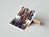Rolled Anime hero collage in giant letters poster beside its crush-resistant kraft shipping tube