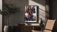 Anime hero collage in giant letters poster framed above a fluted sideboard beside an olive tree