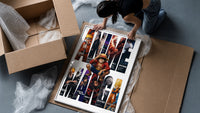 Anime hero collage in giant letters framed print being unpacked from protective bubble wrap and a box