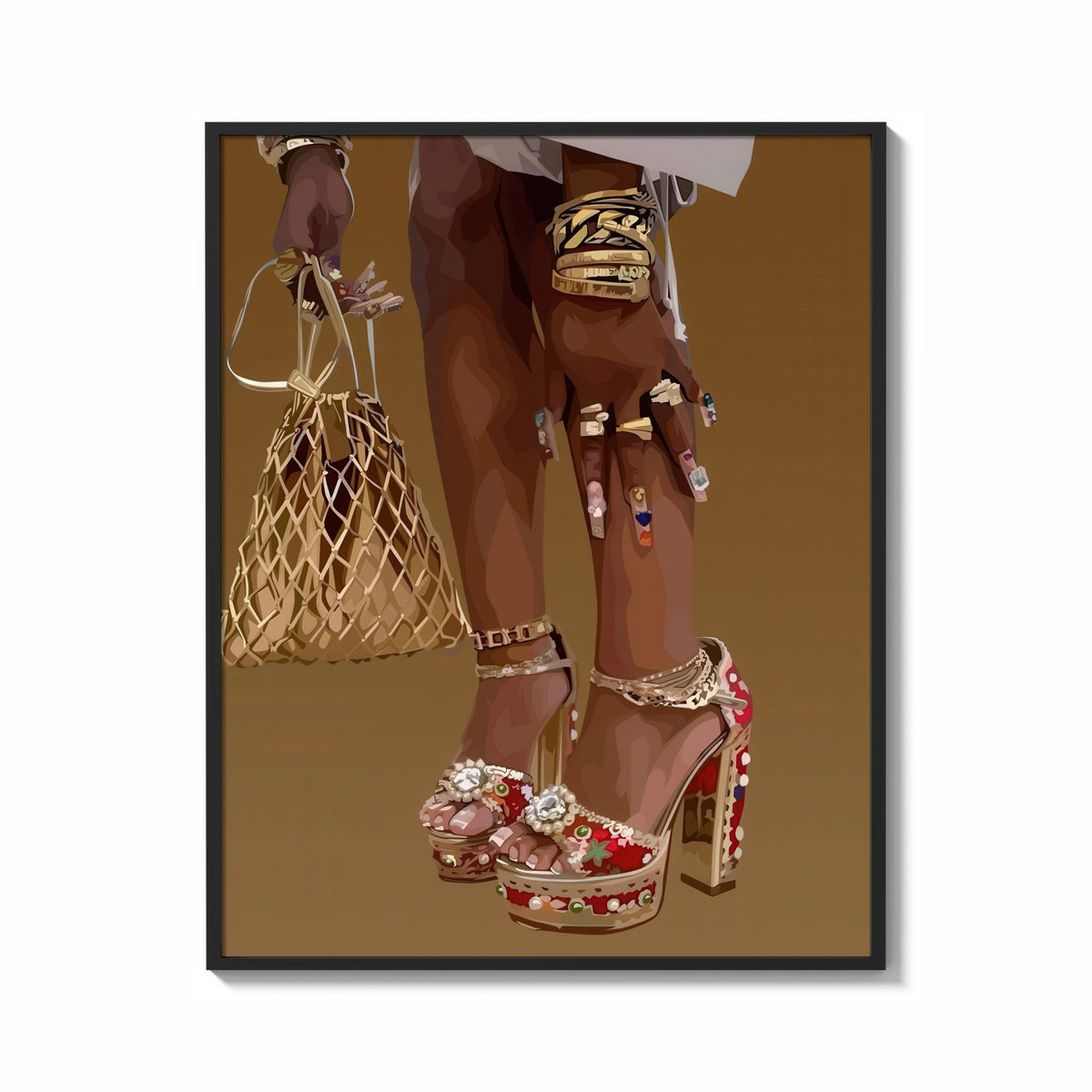 Framed Legs in Jeweled Platform Heels print shown as a bold statement piece on a clean gallery wall
