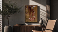 Legs in Jeweled Platform Heels poster framed above a fluted sideboard beside a potted tree