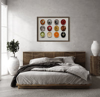 Leopard 8 Ball Circle Collage print in a wood frame above a bed with a woven cane headboard