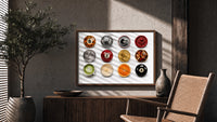 Leopard 8 Ball Circle Collage print in a walnut frame above a fluted sideboard and cane chair