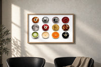 Leopard 8 Ball Circle Collage print in an oak frame on a sunlit wall above two leather armchairs