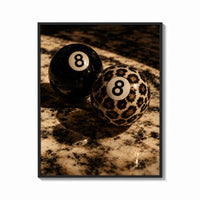 Framed Leopard and Black 8 Balls print shown as a bold statement piece on a clean gallery wall