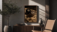 Leopard and Black 8 Balls poster framed above a fluted sideboard beside a potted tree