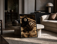 Leopard and Black 8 Balls print on the floor, leaning against a travertine table