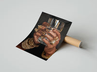 Gently curled Leopard Nails and Gold Rings print beside its protective shipping tube