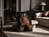 Leopard Nails and Gold Rings print on the floor, leaning against a travertine table