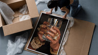 Leopard Nails and Gold Rings framed print being unpacked from protective bubble wrap and a box