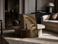 Leopard Print Chess King print on the floor, leaning against a travertine table