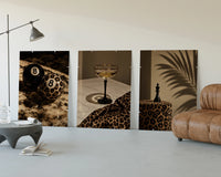 Leopard Print Still Life Set of 3 displayed beside a brown leather sofa