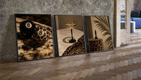 Leopard Print Still Life Set of 3 leaning on parquet beside a vintage loft door
