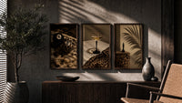 Leopard Print Still Life Set of 3 in walnut frames above a sideboard in a warm room