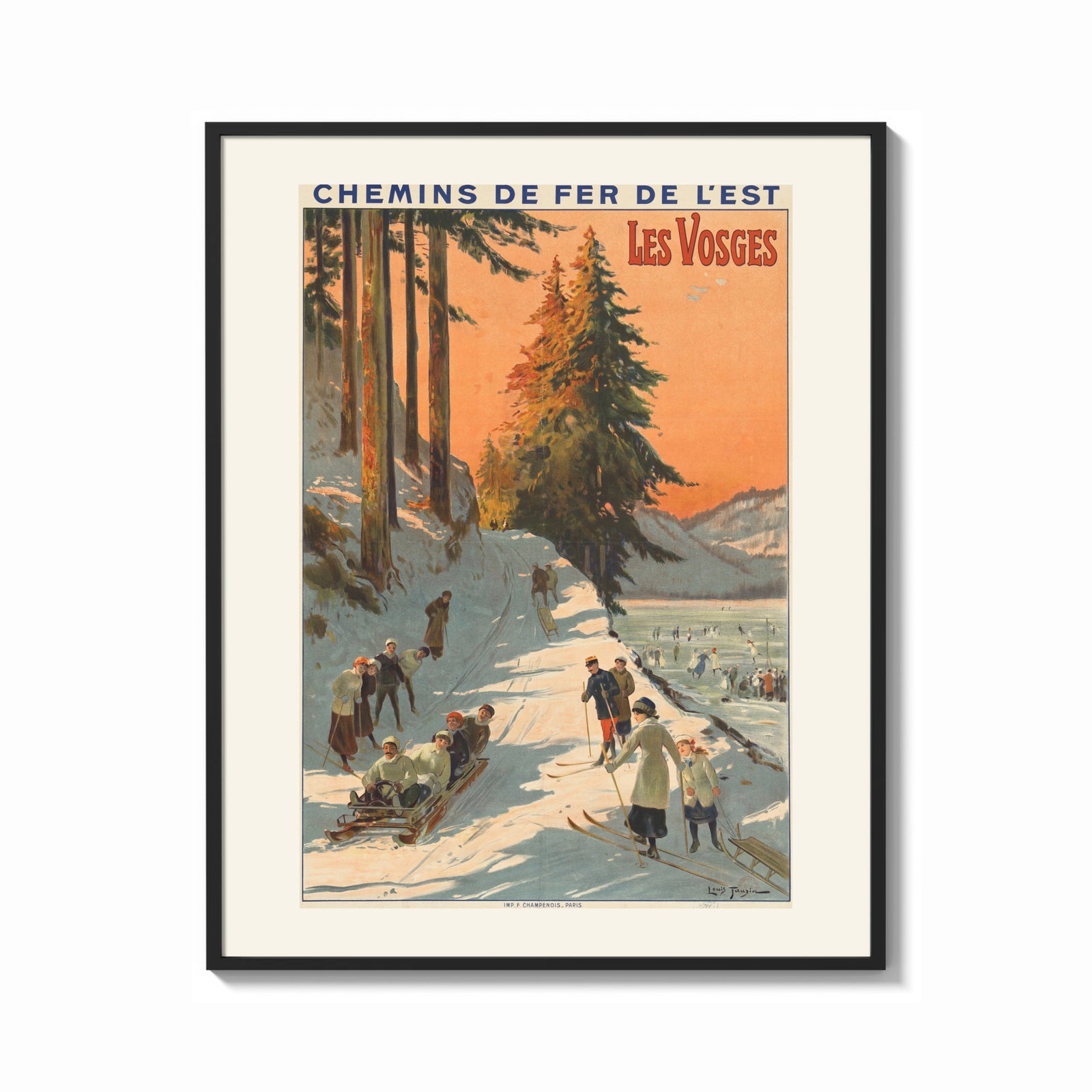 Framed winter sports scene with sledders and skiers print shown as a bold statement piece on a clean gallery wall