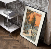 Winter sports scene with sledders and skiers poster in a black frame leaning beside a shelf in a raw-plaster loft