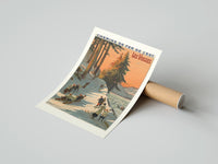 Rolled winter sports scene with sledders and skiers poster beside its crush-resistant kraft shipping tube