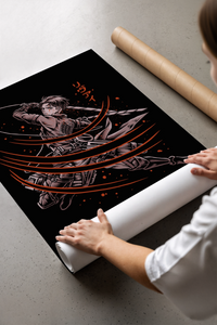 Anime warrior swinging dual blades print laid flat in a styling flatlay