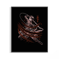 Framed Anime warrior swinging dual blades print displayed as a statement piece