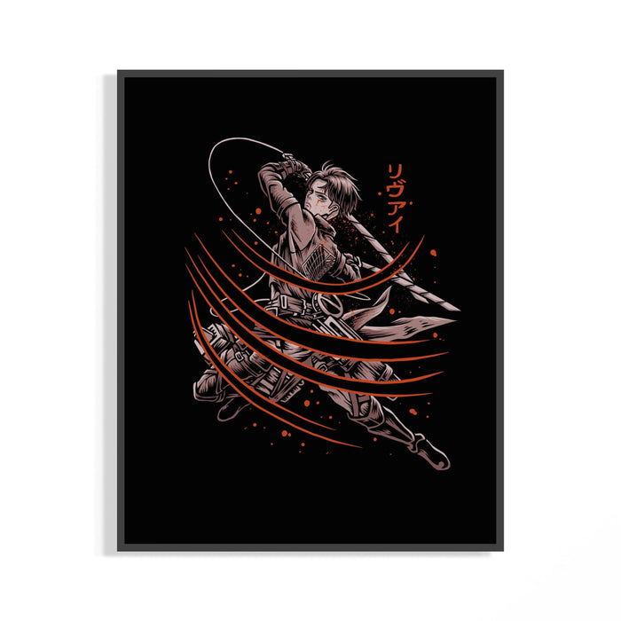 Framed Anime warrior swinging dual blades print displayed as a statement piece